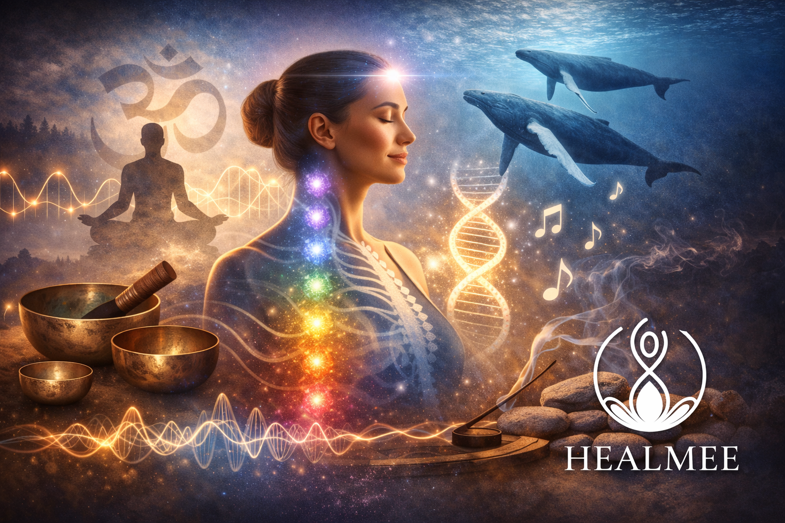 Calm woman in meditation with sound frequency and energy flow illustration, Healmee logo branding