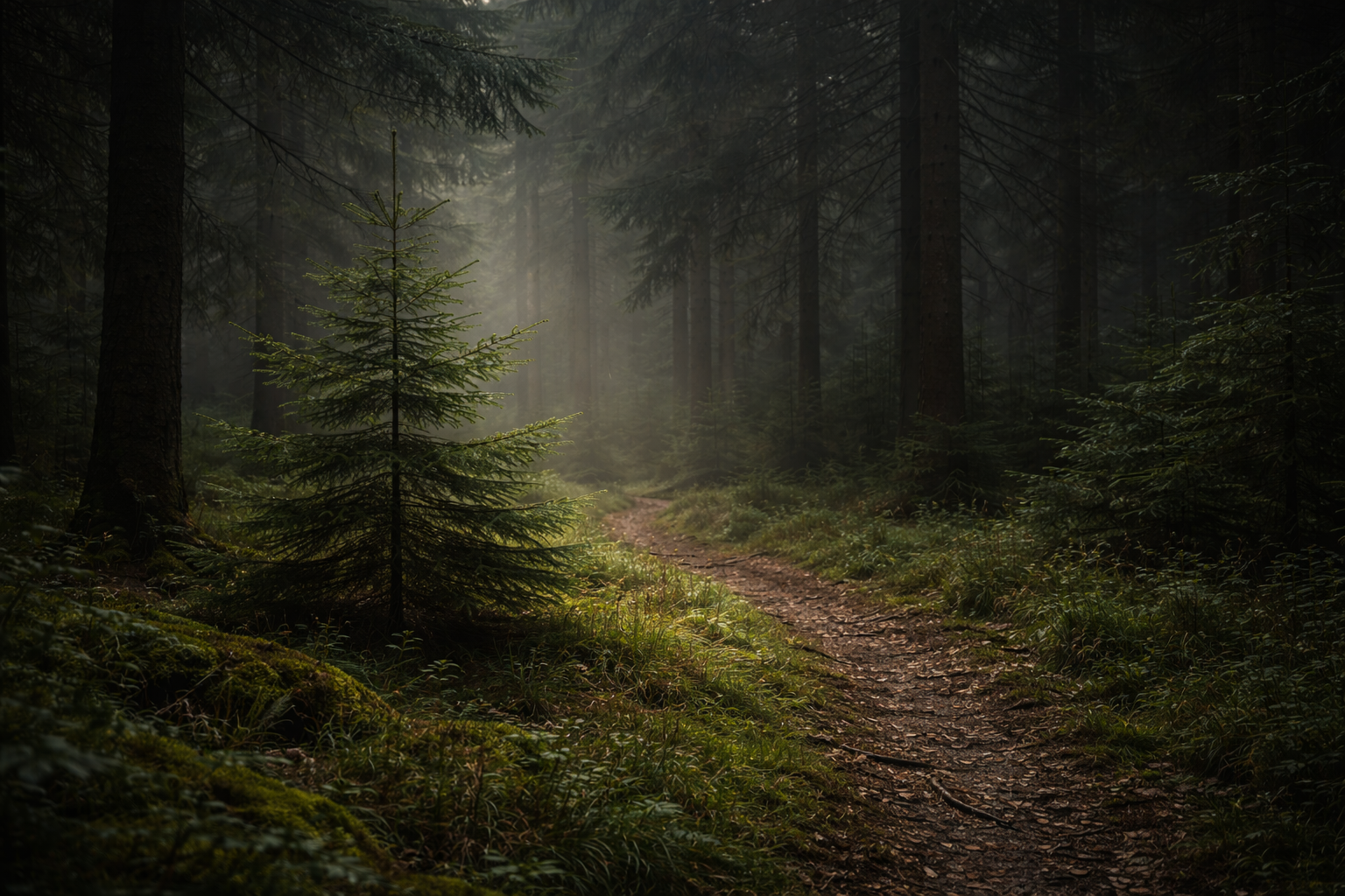 Young pine tree growing beside an unkept forest path under a thick canopy with barely any sunlight, symbolizing spiritual growth and life challenges.
