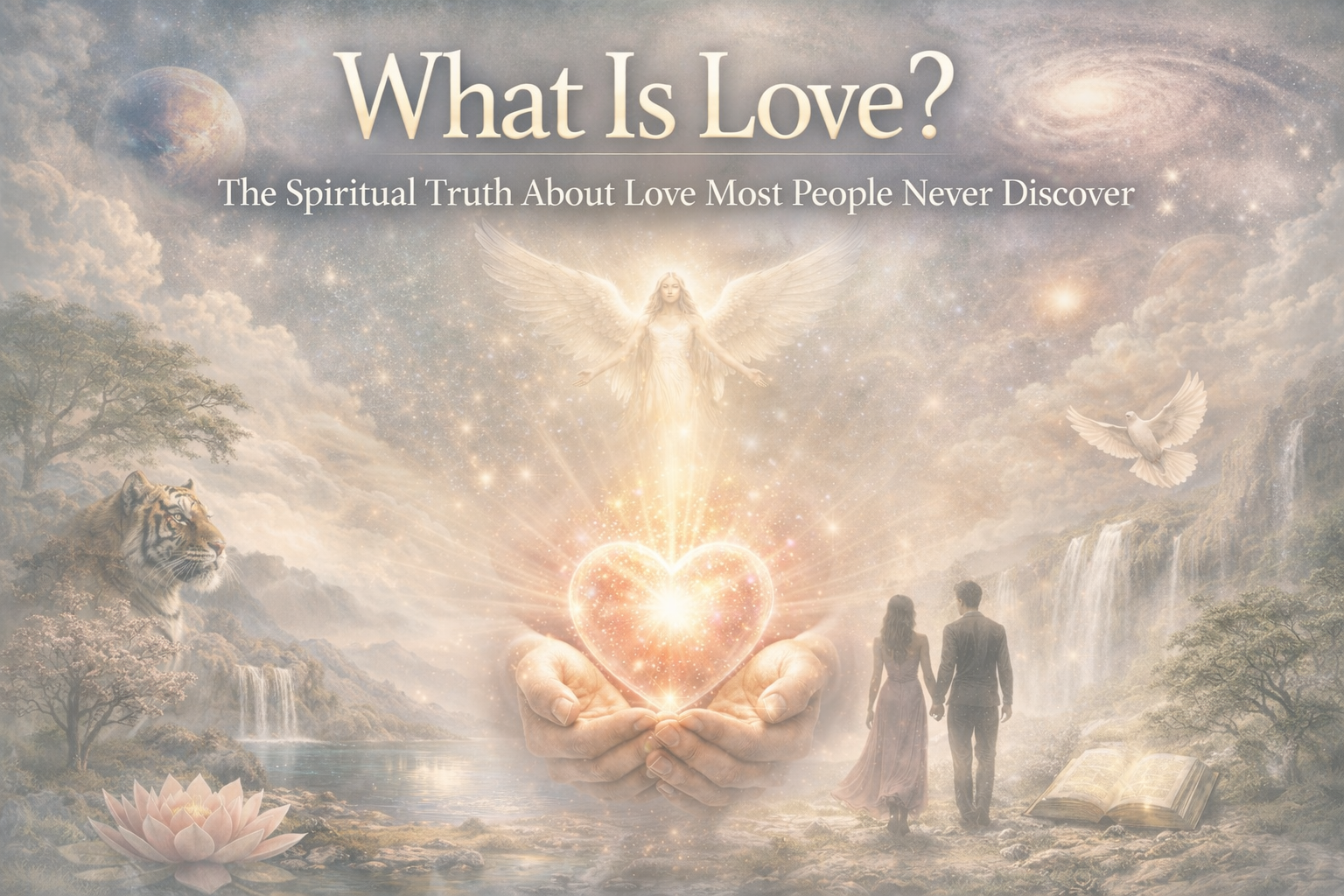 “Spiritual meaning of love illustrated as a glowing heart held in hands with nature, symbolising universal love and consciousness.”