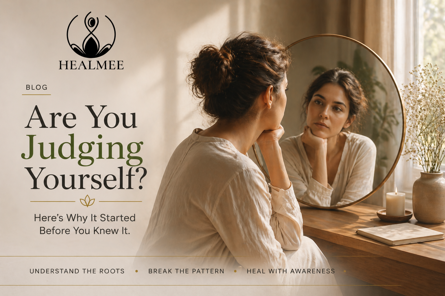 Are you judging yourself concept showing woman self-reflection and emotional awareness through mirror