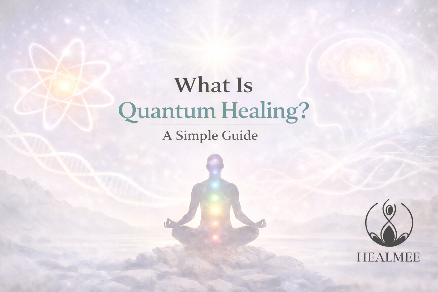 what is quantum healing concept showing meditation, energy chakras, and mind body connection