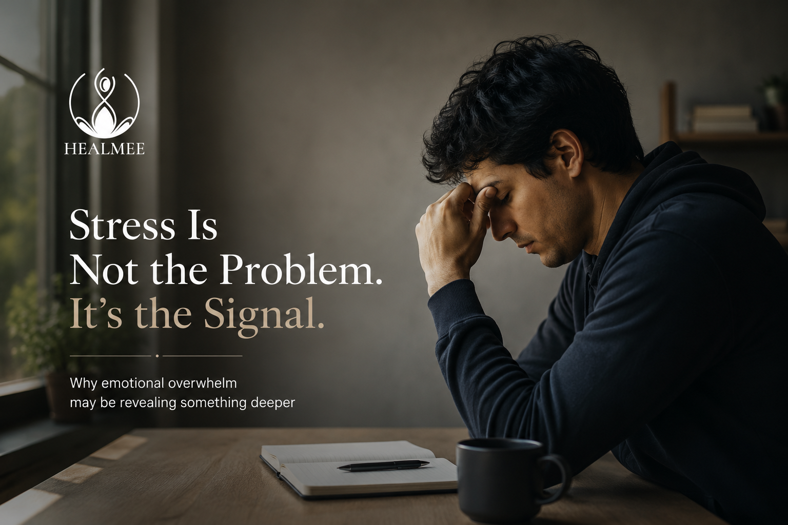 Young man sitting in emotional overwhelm with a stressed expression, representing mental exhaustion, nervous system overload, and emotional imbalance, alongside the Healmee logo and the message “Stress Is Not the Problem. It’s the Signal.”