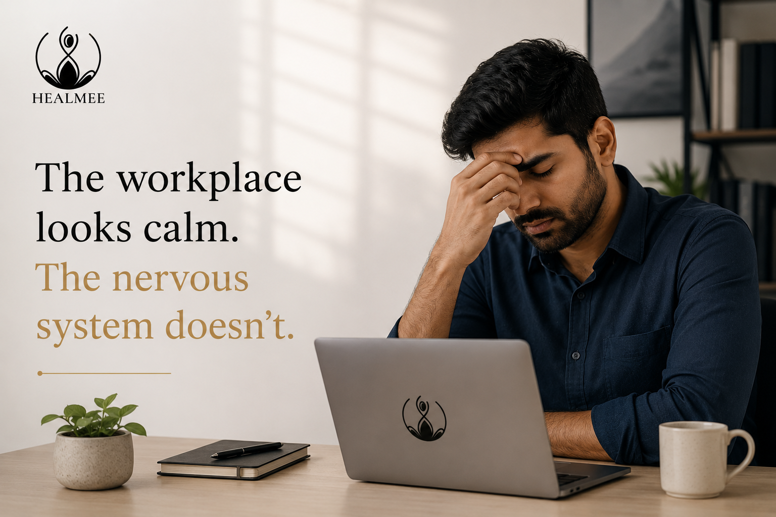 An overwhelmed Indian professional sitting at a desk with his hand on his forehead, symbolising silent workplace stress and nervous system overload, alongside the Healmee logo and the quote “The workplace looks calm. The nervous system doesn’t.”