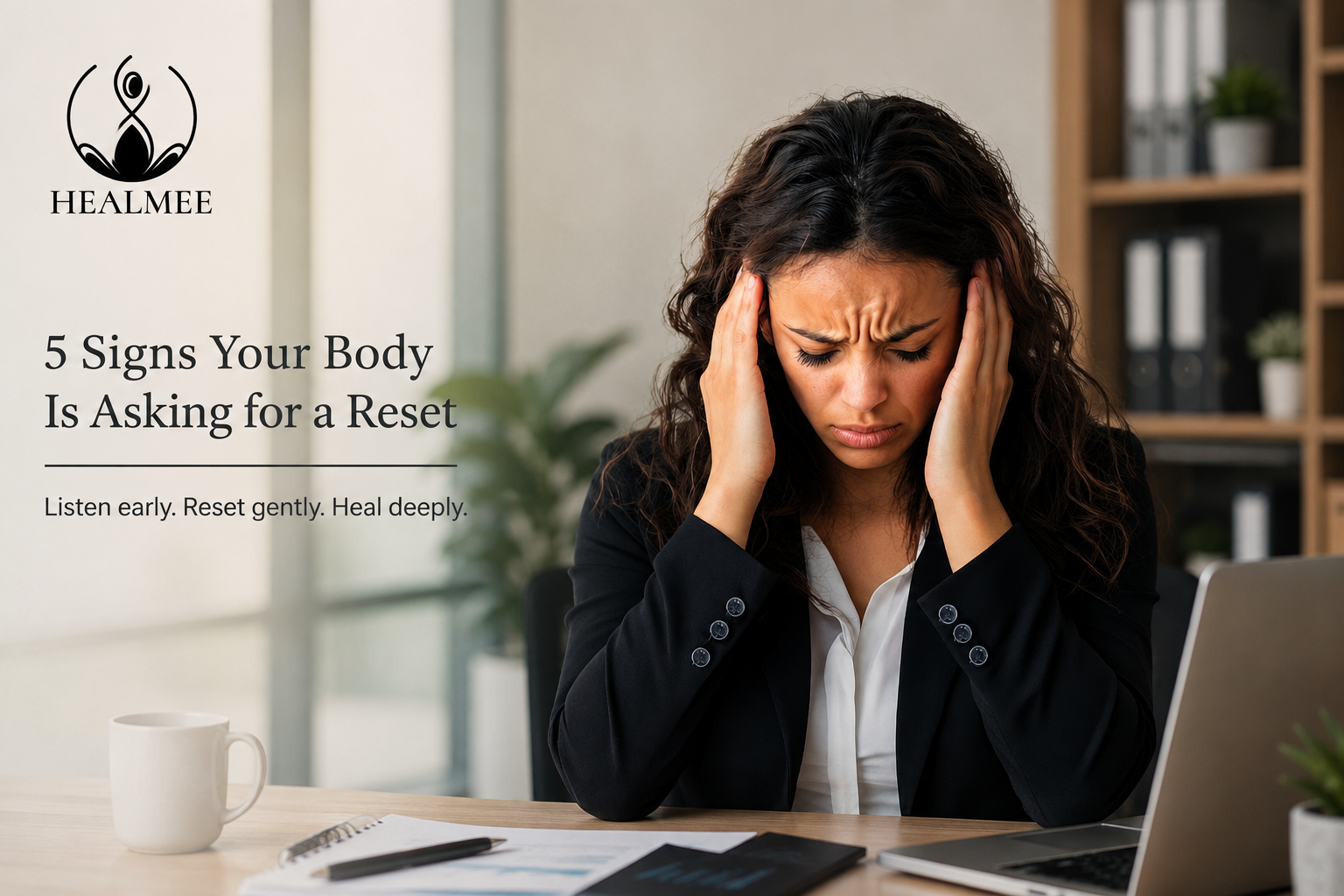 Stressed professional woman sitting in an office holding her head in emotional exhaustion, alongside the Healmee logo and the message “5 Signs Your Body Is Asking for a Reset.”