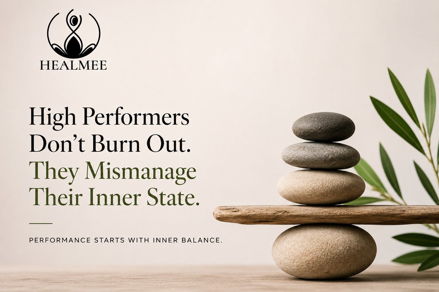 Minimalist Healmee blog banner showing balanced stacked stones and the Healmee logo, representing emotional regulation, inner balance, sustainable performance, and leadership wellbeing.