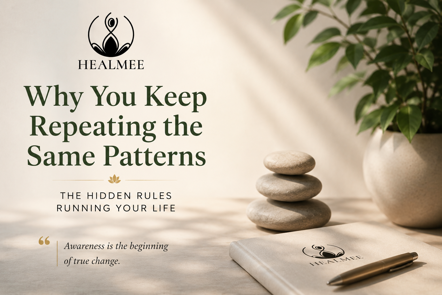 "Why You Keep Repeating the Same Patterns" featuring calming stones, a notebook, the Healmee logo, and the subtitle "The Hidden Rules Running Your Life."