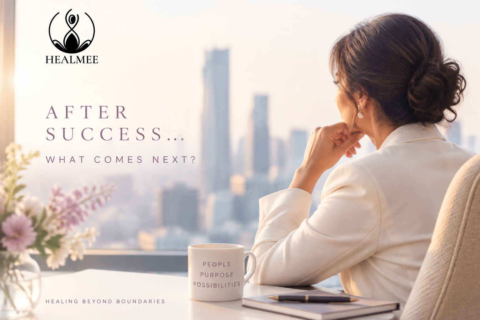 Contemplative female CEO reflecting on success and what comes next, representing redefining success beyond titles, status and external recognition.